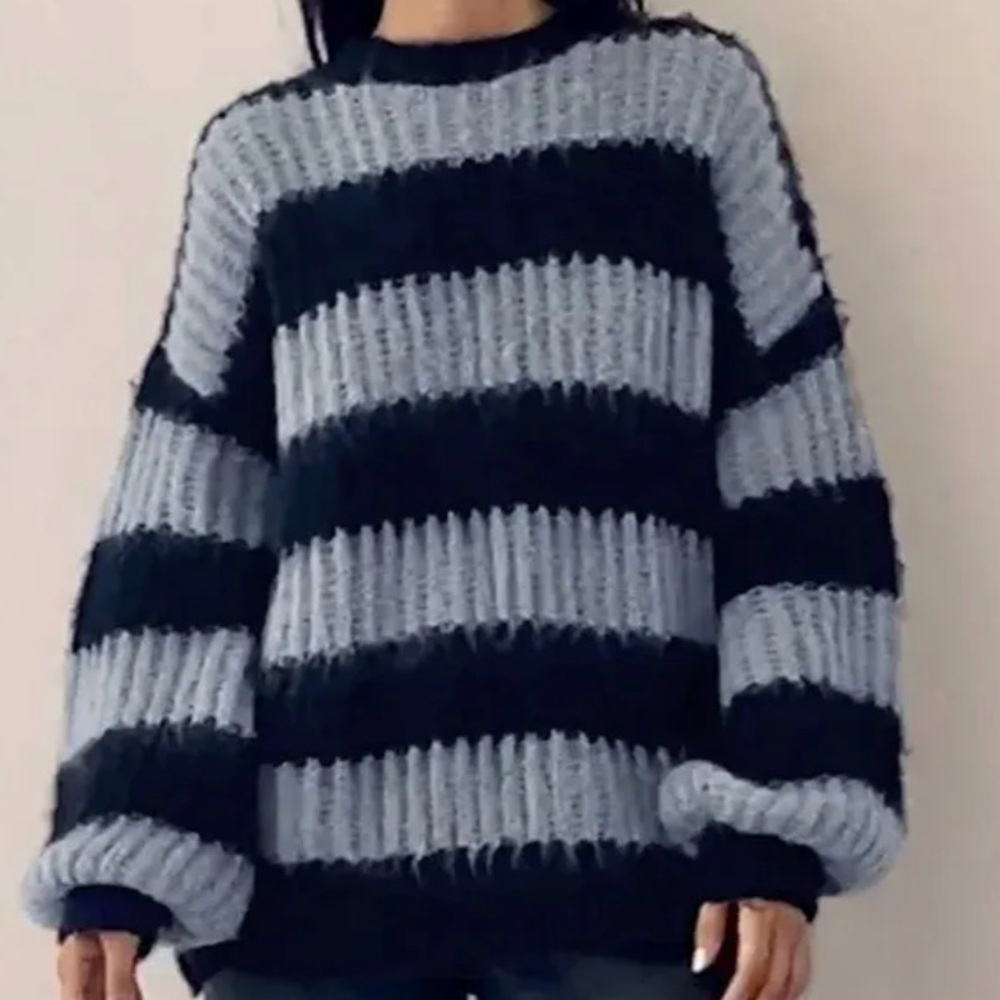 Motel Rocks Cozy Striped Oversized Sweater. Black and Gray